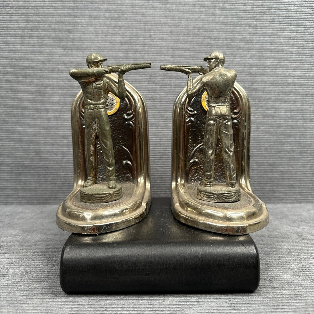 Vintage Western Wildcats Rifle Club Metal Marksman Trophy Bookends Silver Tone